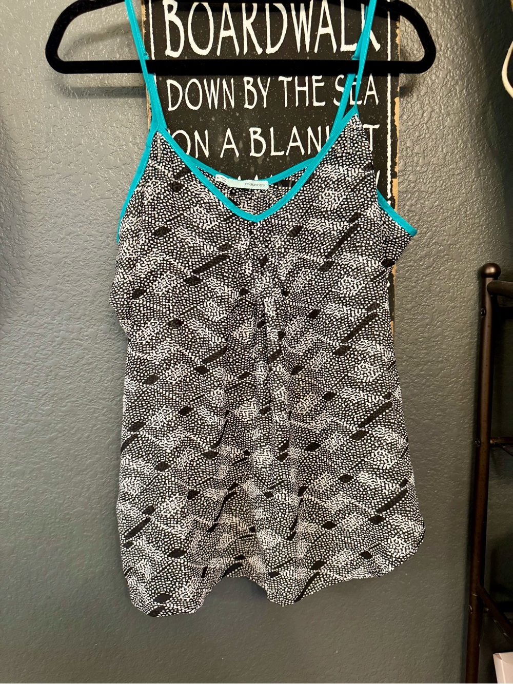 Maurices Mesh Black & White Printed Spaghetti Strap Cami with Teal Trim. XL